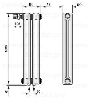 Схема (чертеж) Радиатор Zehnder Charleston 3180/4 №V007 Белый глянцевый RAL 9016